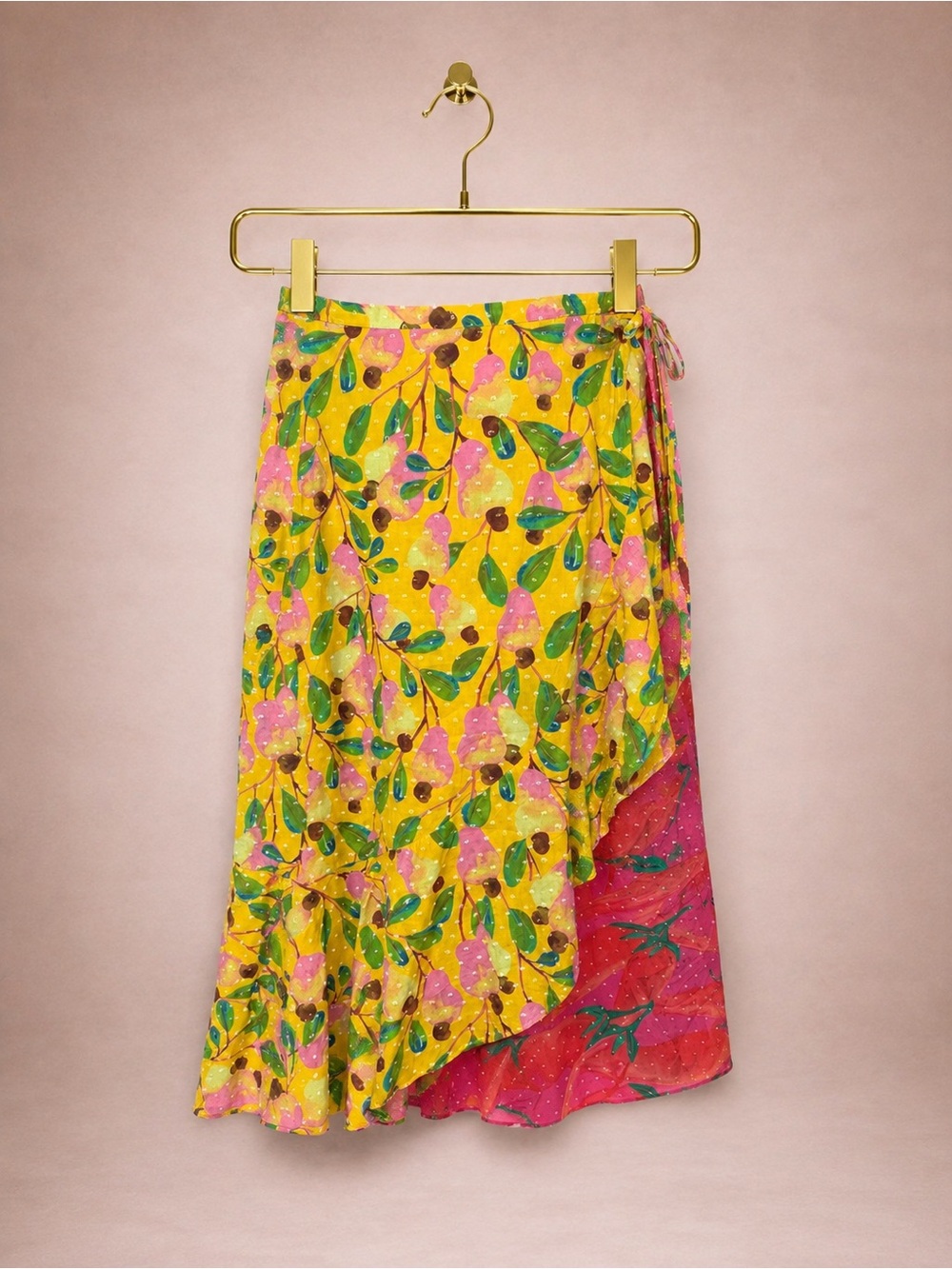 FARM Rio Yellow Floral Asymmetrical Wrap Skirt with Pink Panel